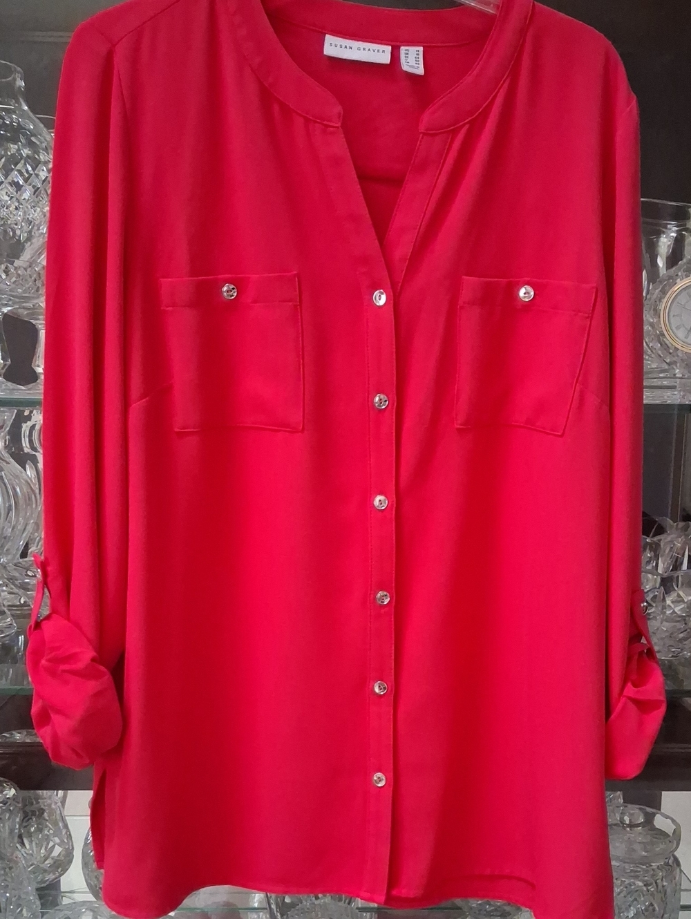 Susan Graver Fushia Red Pink Button-Front Blouse